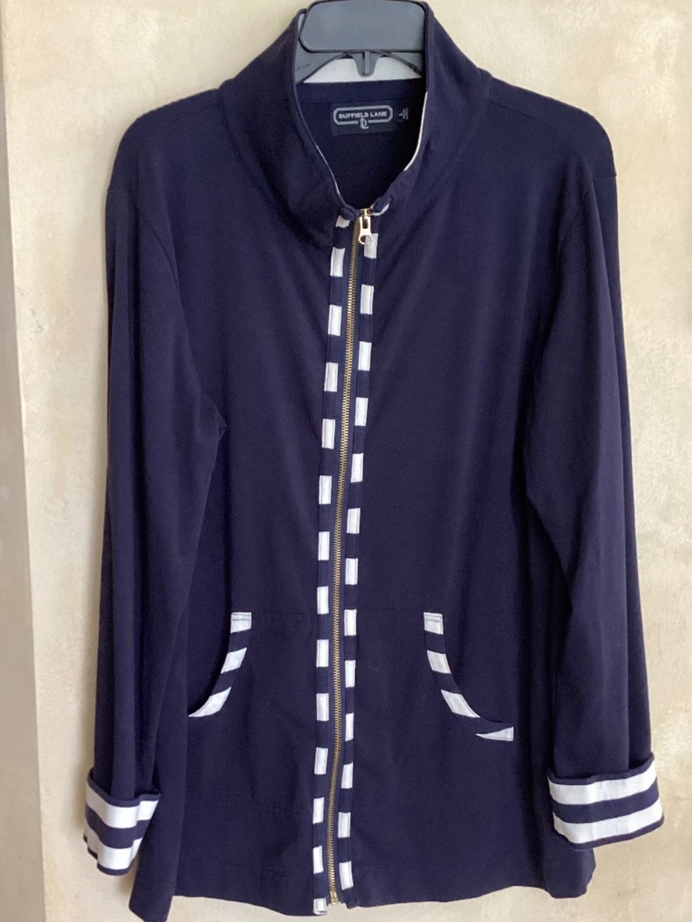 DUFFIELD LANE NAVY WHITE ZIP-UP LONG SLEEVE COTTON JACKET SIZE L